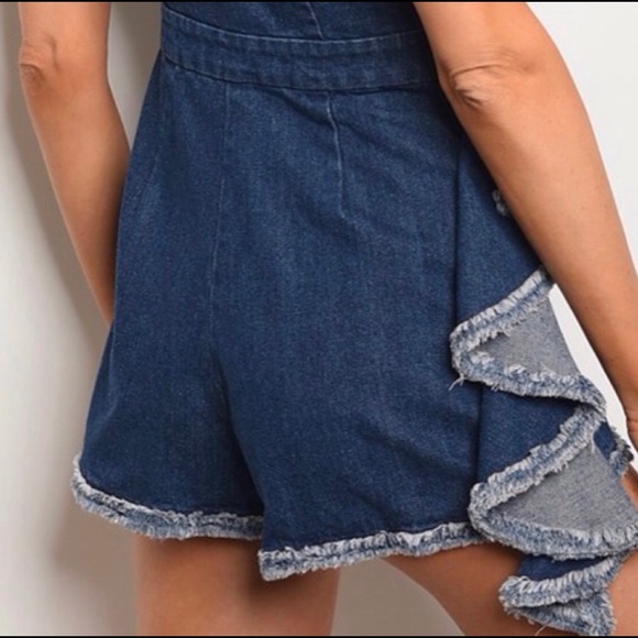 One Shoulder Denim Romper - Picture 3 of 5